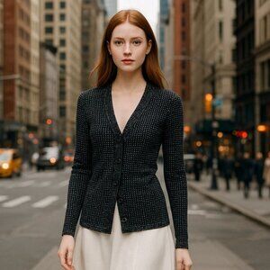 Tory Burch XS Wool Cardigan Button Front Long Sleeve Jacket Micro-Dot Preppy